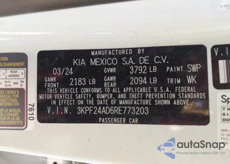 2024 Kia Forte Lxs из США, поврежденный, VIN 3KPF24AD6RE773203